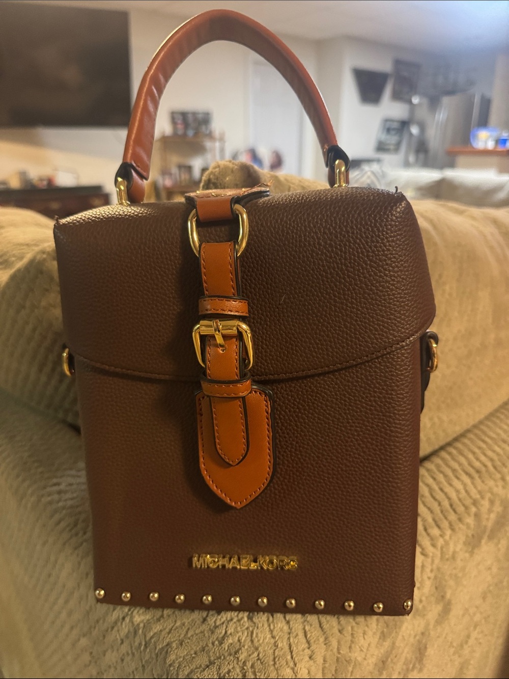 Michael Kors Brown and Tan Pebbled Leather Top Handle Satchel